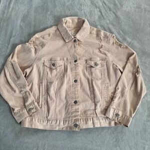 Ivy + Main‎ Women's Distressed Denim Trucker Jacket Light Pink Button Up Pockets